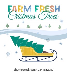 Farm fresh Christmas trees flat color vector poster. Winter holidays hand drawn cartoon. Christmas tree transportation on sleigh. Fun banner of trees sale for winter holidays joyful event celebration