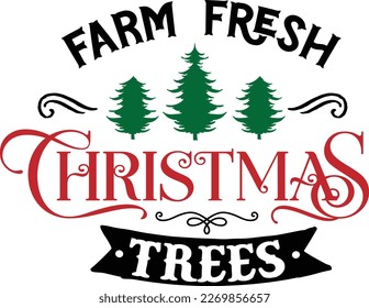 Farm fresh Christmas trees, Christmas quote handwritten on black background decorated with red santa hat and mittens. Winter holidays greeting, calligraphy inscription.