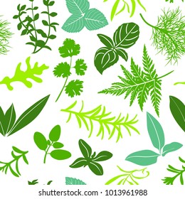 Farm fresh culinary herbs on white seamless pattern vector. Salad mix cooking seasonings.