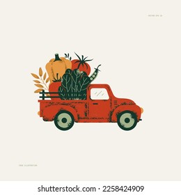 Farm fresh delivery colored design template. Classic vintage pickup truck with vegetables. Vector illustration.