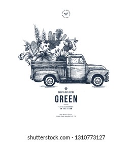 Farm fresh delivery design template. Classic vintage pickup truck with organic vegetables and a cow. Vector illustration