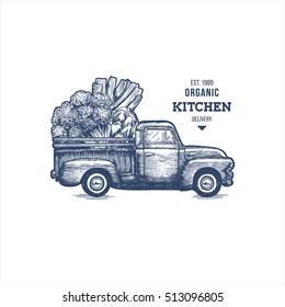Farm fresh delivery design template. Classic vintage pickup truck with vegetables. Vector illustration