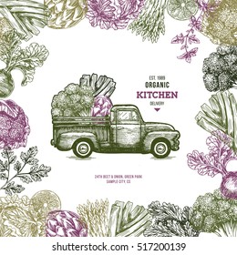 Farm fresh delivery design template. Classic vintage pickup truck with vegetables. Vector illustration