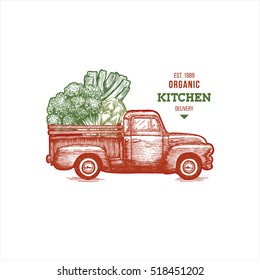 Farm Fresh Delivery Design Template. Classic Vintage Pickup Truck With Vegetables. Vector Illustration