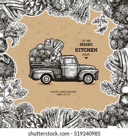 Farm fresh delivery design template. Classic vintage pickup truck with vegetables. Vector illustration