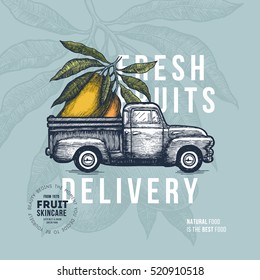 Farm fresh delivery design template. Classic vintage pickup truck with vegetables. Vector illustration