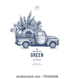 Farm fresh delivery design template. Classic vintage pickup truck with organic  vegetables. Vector illustration