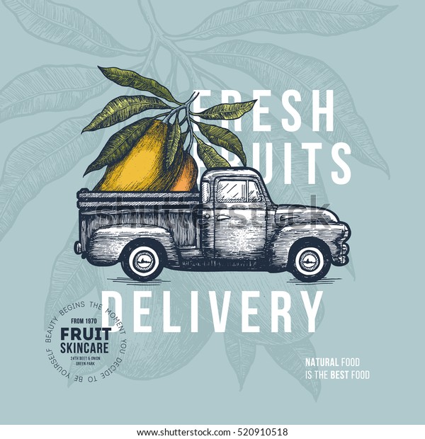 Farm fresh delivery\
design template. Classic vintage pickup truck with vegetables.\
Vector illustration