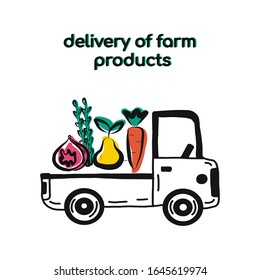 Farm fresh delivery design template.Classic truck with organic vegetables and fruits carrots, fresh asparagus, figs, pears.Vector illustration in a hand-drawn style.for a banner or poster in store.