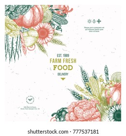 Farm fresh design template. Vintage vegetables frame design template. Vector illustration