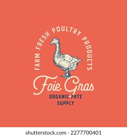 Farm Fresh Duck Poultry Abstraktes Vektorzeichen, Symbol oder Logo Vorlage. Handgezeichnete Gänse-Sillhouette mit Retro Typografie-Script. Vintage Foie Gras Bird Emblem. isoliert