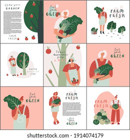 Farm fresh, eat green eco product natural and organic food mindful eating concept. Vector template for card brochure book page design