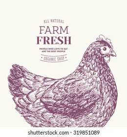 Farm fresh eggs design template. Engraved Chicken. Vector illustration