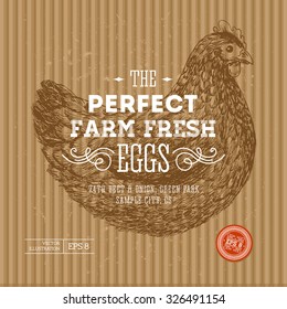 Farm fresh eggs design template. Engraved Chicken. Vector illustration