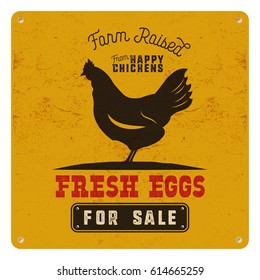 Farm fresh eggs poster, card on yellow vintage rusty metal background with chicken illustration and text. Retro typography style. Vintage vector design.