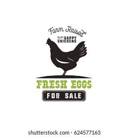 Farm fresh eggs poster, vintage rustic emblem with chicken. Retro typography style. Black and green vector design, Isolated on white background.