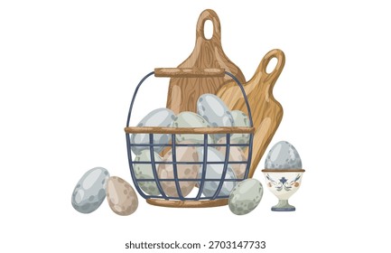Cultivar huevos frescos en una cesta de alambre rústico junto a tablas de cortar de madera. Ilustración vectorial dibujada a mano en un estilo de boceto de acuarela natural, aislado para volantes de mercado, recetarios