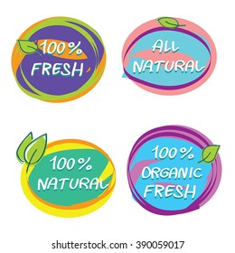 Farm fresh food  bright label, badge or seal. Set of 4 headliners for children food, fresh juices, all natural product. Hand drawn artistic circle food signs. Isolated.