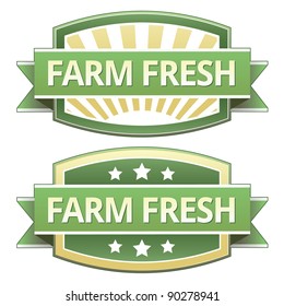 Farm fresh food label, badge or seal with green and yellow color in vector