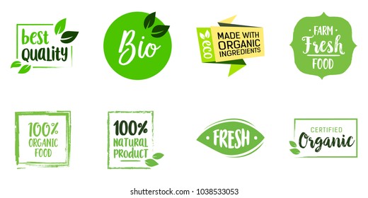 Farm fresh food lettering set. Healthy nutrition, natural product, organic ingredients. Calligraphy, handwritten text can be used for leaflets, posters, banners, labels.