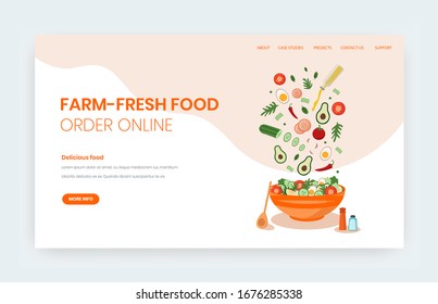 Farm fresh food online vector website template, landing page design for website and mobile site development. Order fresh organic fruit, vegetables online, healthy food delivery, grocery.