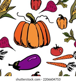 Farm fresh food, organic vegetables vector seamless patter. Vegetables: corn, eggplant, tomato, paprika, pumpkin, carrot, beetroot. Thanksgiving vegetables aubergine, pumpkin, corn, carrot, tomato