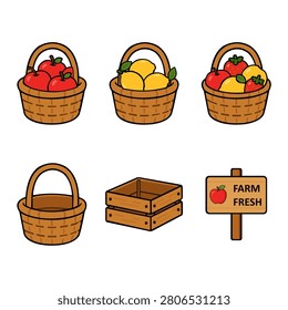farm fresh fruit basket icon collection