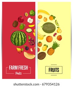 Farm fresh fruit flyers vector illustration. Natural product, juicy fruit, vegetarian delicious nutrition, organic healthy food. Plum, kiwi, persimmon, avocado, banana, peach, watermelon, pomegranate