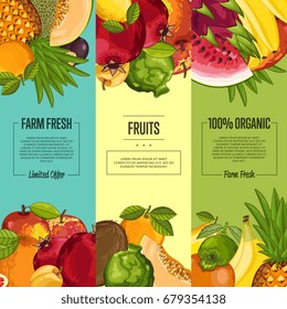 Farm fresh fruit flyers vector illustration. Natural sweet product, juicy fruit, vegan nutrition, organic healthy food advertising. Plum, kiwi, persimmon, lemon, peach, watermelon, pomegranate, orange