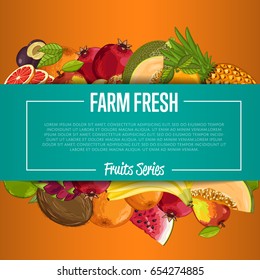 Farm fresh fruit poster vector illustration. Natural product, juicy fruit, vegetarian delicious nutrition, organic healthy food. Pineapple, melon, banana, pomegranate, peach, coconut, apple, orange.