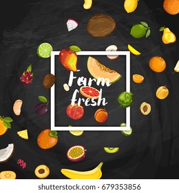 Farm fresh fruit poster vector illustration. Natural product, juicy fruit, vegetarian delicious nutrition, organic healthy food. Pear, lime, melon, avocado, banana, peach, coconut, apple, orange.