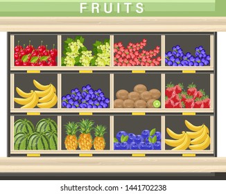 Farm fresh fruits Vector shopping stands. Watermelon, banana, pineapple and berry