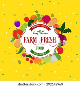 Farm fresh fruits and vegetables emblem.