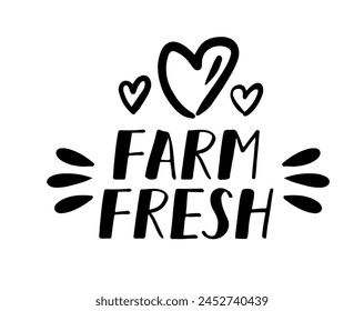 FARM FRESH. Hand drawn doodles stamp, badges, logo, icon, label. Vector brush lettering typography - farm fresh on a white background. Farm fresh natural organic product brand heart sign symbol.