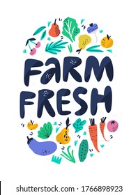 Farm Fresh Hand Drawn Illustration With Typography. Eco Products Cliparts. Natural And Organic Food Isolated On White. Farmers Market Bio Produce. Eggplants, Tomatoes, Carrot Design Elements