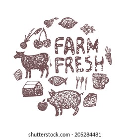 Farm fresh hand drawn round background. Farm labels vector eps10