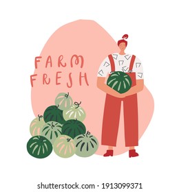 Dibujo vectorial fresco dibujado a mano. Concepto de productos ecológicos y naturales. Mujer con sandía 