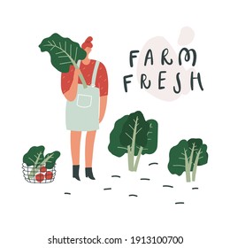 Farm fresh hand drawn vector illustration. Eco product natural and organic food concept. Woman with self-grown vegetables