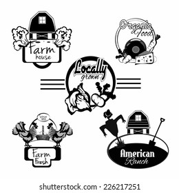 Farm fresh labels black set with house shovel vegetable eggs isolated vector illustration