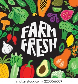 Farm fresh lettering with organic vegetables and fruis