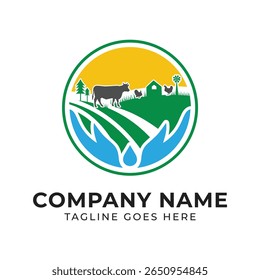 Farm Fresh Logo Design featuring Livestock Trees and Water within a Circular Emblem for an Agricultural Company