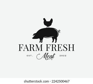 Farm Fresh Logo. Pig and Chicken farm logo design template