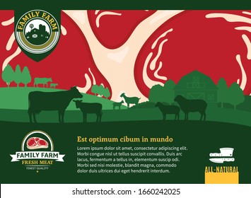 Farm fresh meat illustration. Spring rural landscape with animals, barn, meadow, and trees. Butcher shop or cattle farming design elements