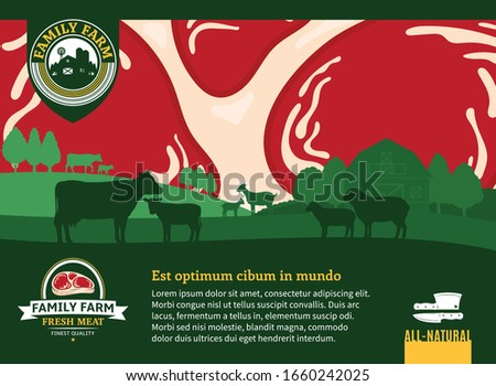 Farm fresh meat illustration. Spring rural landscape with animals, barn, meadow, and trees. Butcher shop or cattle farming design elements