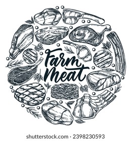 Farm fresh meat products package circle label or sticker. Vector hand drawn sketch illustration of beef, pork, lamb and calligraphy lettering. Food badge, poster, banner design template