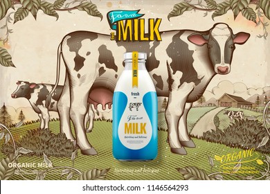 Frische Milch in 3D-Illustration auf retro-eingravierten landwirtschaftlichen Flächen und Milchviehhintergrund