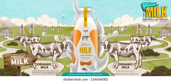 Farm fresh milk with splashing liquid in 3d illustration on engraved farmland background