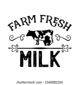 Farm Fresh Milk vector file. Cow clip art. Tea Towel design. Farmhouse wall decor. Isolated on transparent background.