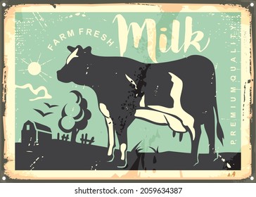 Farm fresh milk vintage sign design. Vintage cow graphic, countryside landscape and barn silhouette. Organic milk vector advertisement.