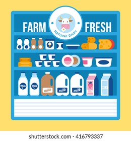 Farm fresh natural dairy products on supermarket shelf. Milk, yogurt, cheese icons for graphic and web design